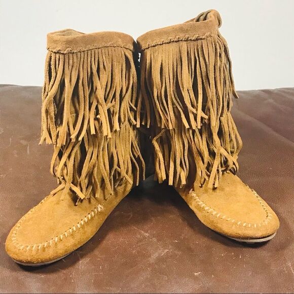 Minnetonka Tan Leather Fringed Moccasin Booties - Picture 2 of 8